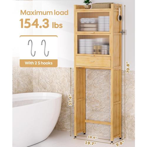 Over The Toilet Storage Cabinet with Drawer and Flip Door, Bamboo Bathroom Organizer Shelf with Anti-Tip Design and Waterproof Feet Pad,Freestanding Rack Above WC Space Saver (Natural)