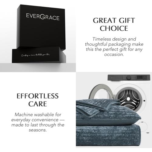 EVERGRACE Velvet Quilt Set King Size, Luxurious Soft Striped Channel Bedding Set, Lightweight Velvet Comforter for All Season, Oversized Bedspread Coverlet with 2 Matching Shams, Stormy Blue