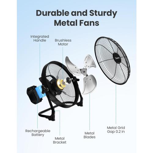 Size 14 Portable Battery Operated Fan, Rechargeable Floor Fan, Hi-Velocity Cordless Camping Fan, USB Phone Charge, 12-60H Runtime, Quiet, Wireless, For Gym Shed Travel Home Outdoor Garage Tent Car Barn