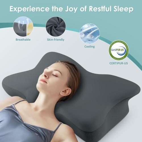 Cervical Neck Pillow, Ergonomic Memory Foam Cervical Pillows, Contour Side Sleeper Pillows for Adults, Orthopedic Neck Support Pillow for Back Stomach Sleeper with Removable Pillowcase (Dark Grey)