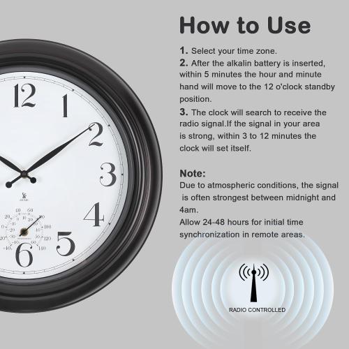 Atomic Outdoor Wall Clock  Sealed Outdoor Waterproof Clock with Temperature, Auto-Set Time, Easy to Read - Large Patio, Pool Clock for Outside, Backyard, Garden