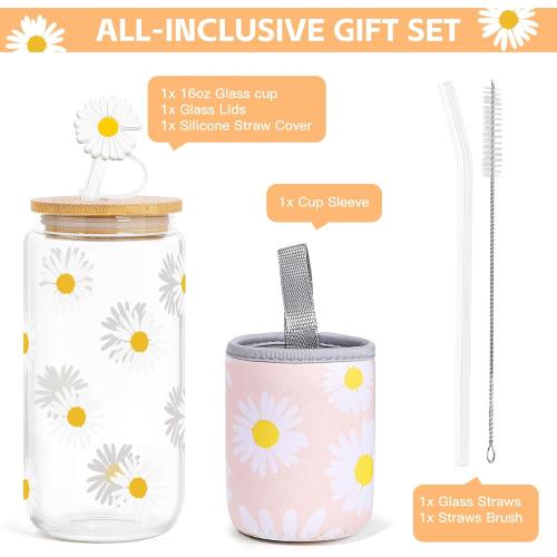 Dosuarue Daisy Aesthetic Cups, Iced Coffee Cup, 16 oz Cute Glass Cups with Lids and Straws - Flower Mug Cup, Drinking Glass Tumbler - Christmas, Birthday Gifts for Women Friend Sister Her