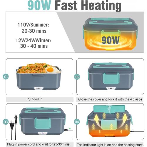 3.5L Super Large Electric Lunch Box Food Heater-Heated Lunch Box for Adults Men With Dual layer(2.5L 304 SS & 1L PP Fruit Container) 90W (12V/24V/110V) lonchera eléctrica portátil for Work/Car /Truck