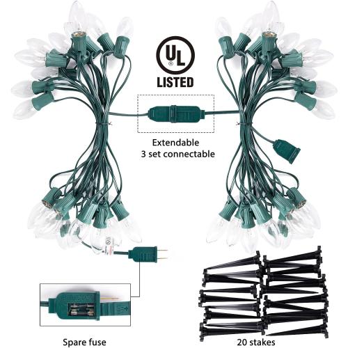 12 PCS- Christmas Pathway String Lights Outdoor - 25.7 Ft. C9 20 Clear Lights with 20 Stakes Connectable Waterproof for Indoor Xmas Party Holiday Commercial Decoration, Warm White