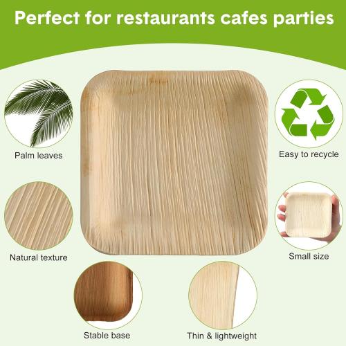 100 Pieces Palm Leaf Square Bamboo Plates Disposable Wood Dinnerware Set Leaf Plates for Weddings Catering Events Birthday Summer Party