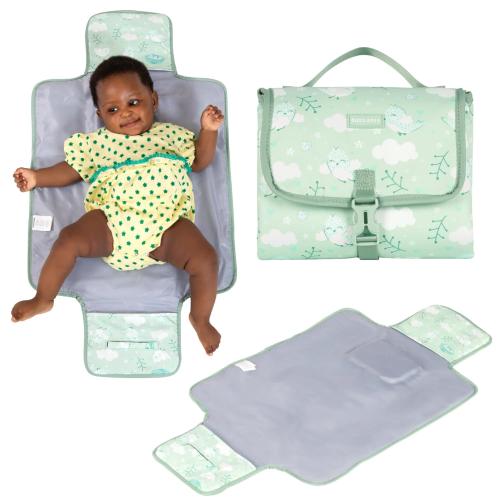 BabbleRoo Baby Changing Pad - Comfortable Portable Changing Pad, Compact, Fits in Any Diaper Bag - Lightweight and Soft with Cute Designs, Convenient Pockets, Extra Head Support – Sage Green Birdy
