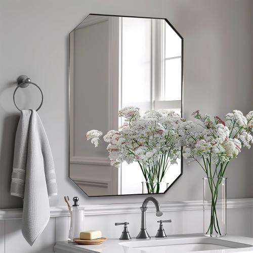 ANDY STAR Brushed Nickel Octagon Bathroom Mirror, 22x30 Inch Stainless Steel Metal Frame, Anti-Rust, Shatterproof HD Glass, Wall Mounted for Bathroom, Bedroom, Living Room