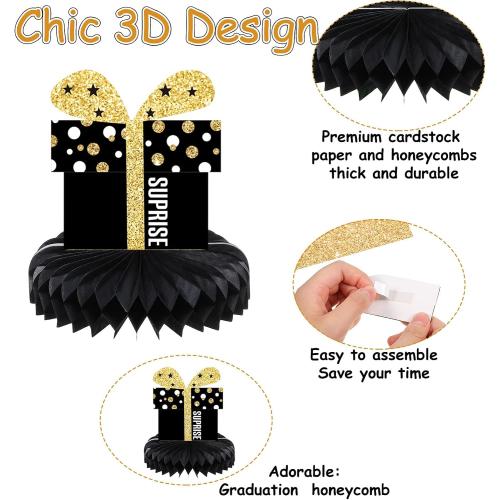 8 Pieces Happy Birthday Party Decorations Supplies Birthday Honeycomb Centerpieces Table Toppers for Party Favor Photo Booth Props, Black and Gold