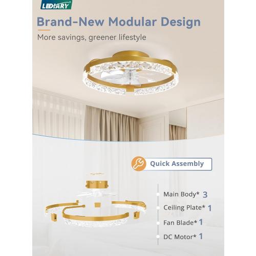 LEDIARY 20 Inch Low Profile Ceiling Fans with Lights and Remote, Fandelier Ceiling Fan Flush Mount, 3000K-6000K Dimmable LED Fan Light, Gold Modern Ceiling Fans with Lights for Bedroom