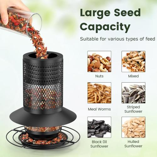 Black Hanging Bird Feeder with Squirrel Baffle, Squirrel Proof Bird Feeders for Outdoors, Heavy Duty Metal Design with Large Capacity Hanging Birdfeeder for Outside,