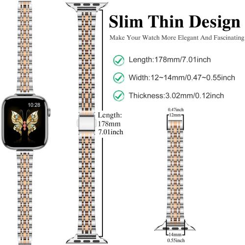 MioHHR Slim Metal Band Compatible with Apple Watch Band 42mm(Series 11 10) 41mm(Series 9 8 7) 40mm(Series 6 5 4 SE3/2/1) 38mm(Series 3 2 1),Stainless Steel iWatch Bands for Women,Silver/Rose Gold