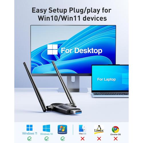 Black Wireless USB WiFi Adapter for PC - Nineplus 1300Mbps Dual 5Dbi Antennas 5G/2.4G WiFi Adapter for Desktop PC Laptop Windows11/10/8/7/Vista/XP, Wireless Adapters for Desktop Computer Network Adapters