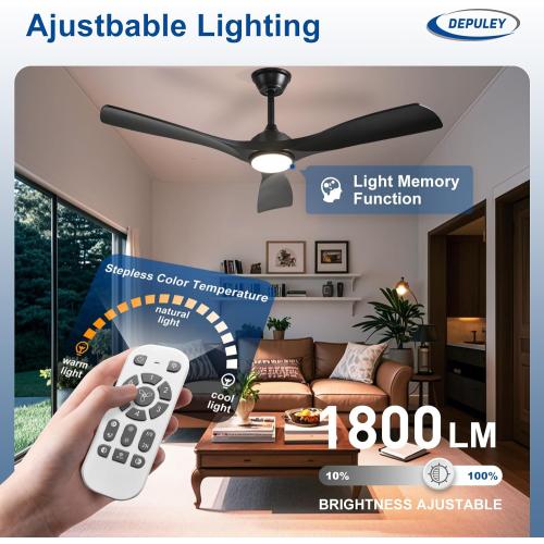Depuley 52-Inch Ceiling Fan with Light: Black 3 Blade Outdoor Fans for Patios - Dimmable Indoor Fan with Remote APP Control Ultra Quiet DC Motor Reversible 6 Speed Timer