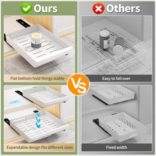 2 Pack Pull Out Cabinet Organizers Expandable, Slide Out Drawers for Kitchen, Bathroom, Pantry, Under Sink Storage, Pull Out Drawers Fixed with Adhesive Nano Film (White, 11.6''-17.5'')
