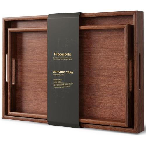 Bamboo Set of 2 Serving Tray with Handles,Decorative Trays Platter,Breakfast Tray in Bed,Food Drinks Tray for Eating,Working,Storing(Brown)