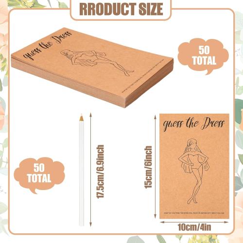 Tenceur 50 Sets Guess the Dress Bridal Shower Games Include 50 Guess the Dress Card Bridal Shower Game Wedding Shower Games and 50 White Sketching Pencils for Bridal Shower Wedding Party Favors