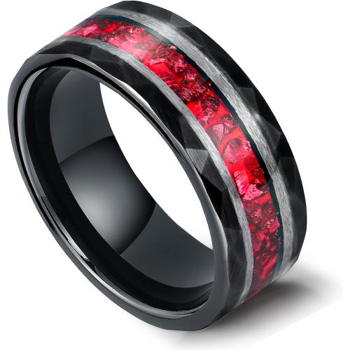 Size 7-11 8mm Mens Tungsten Wedding Bands 14K Gold White Black Gold Plated Tungsten Rings for Men with Created Emerald/Ruby/Meteorite Inlay Promise Rings Hammer Comfort Fit Size 7-11
