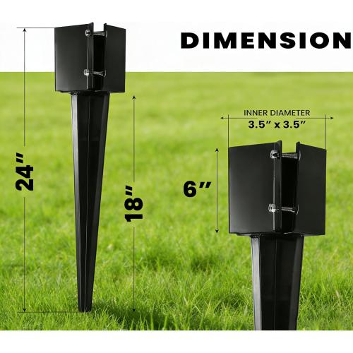 4 Pack 24'' Fence Post Anchor Ground Spike Metal Black Powder Coated 24 x 4 x 4 Inches Outer Diameter (Inner Diameter 3.5 x3.5 Inches)
