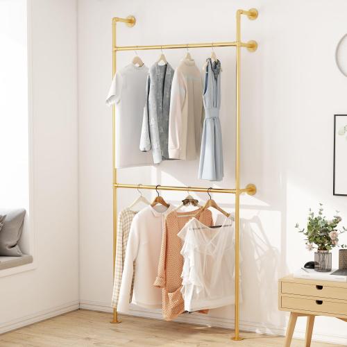 ORSENIGO Industrial Pipe Clothing Rack, Heavy Duty Metal Clothes Rack with Double Rods for Hanging Clothes, Wall Mount Space-Saving Garment Display Rack (Single, Gold)