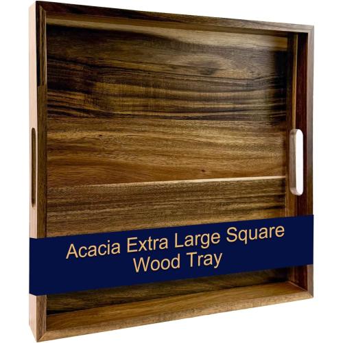 24'' Acacia Extra Large Square Wood Tray - Wood Trays for Ottoman, Rustic Square Serving Trayes with Handles,Ottoman Table Topper, Durable and Versatile for Living Room,Bedrooms,Coffee Table, Kitchen