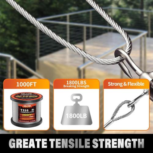 Stainless Steel Cable for Railing - 1000FT 1/8 T316 Wire Rope Cable for Deck Railings System Kit
