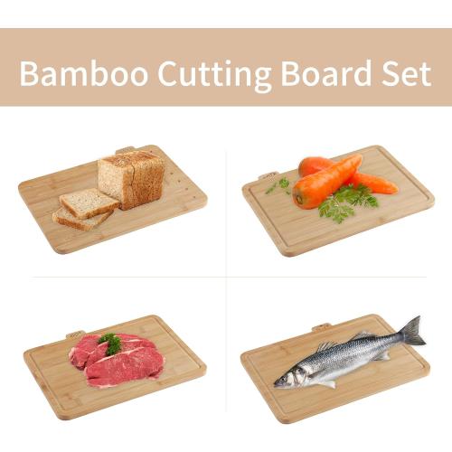 12.6L x 9W Bamboo Cutting Board Set of 4 - Wood Cutting Board Set with Holder, Chopping Boards Set with Food Icons, Juice Groove - Ideal for Meat, Fish, Bread, Vegetable, Fruit Chopping