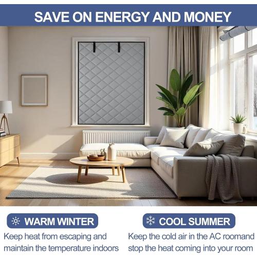 63 x 47 Inch Window Insulation for Winter, Thermal Window Cover 3 Layer with Oxford Cloth Thicken Cotton Filled, Roll-up Insulation Blanket Kit with Hook & Loop for Bedroom Attic to Keep Heat Warm