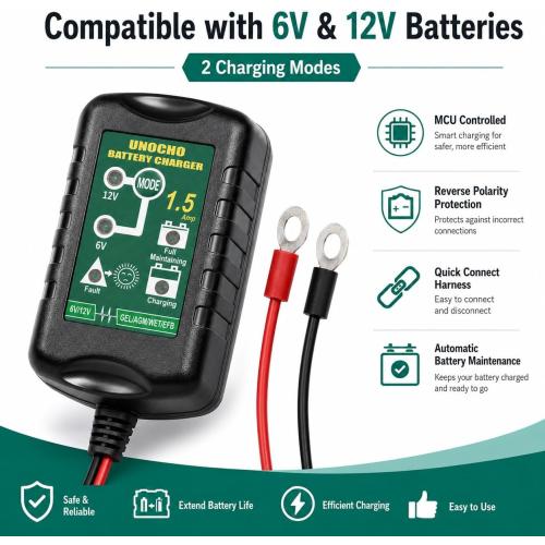 Unocho 6V/12V Battery Charger Maintainer 1.5A Automatic Trickle Charger Smart Float Charger for Car Motorcycle Lawn Mower Boat ATV Snowmobile Lead-Acid AGM GEL SLA VRLA WET Batteries