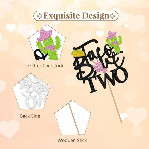 Taco Bout Two Cake Topper, Fiesta 2nd Birthday Cake Decor, Black Glitter Cactus 2 Years Old Cake Topper for Girl, Mexican Fiesta 2nd Birthday Party Decoration
