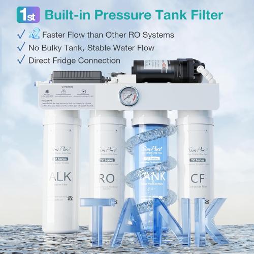 SimPure T2-600A Alkaline Reverse Osmosis Water Filter System, NSF/ANSI 58 Certified, Built-in Pressure Tank Filter, UV, 600 GPD 8 Stage RO Filtration with Mineral, 2:1 Pure to Drain Ratio