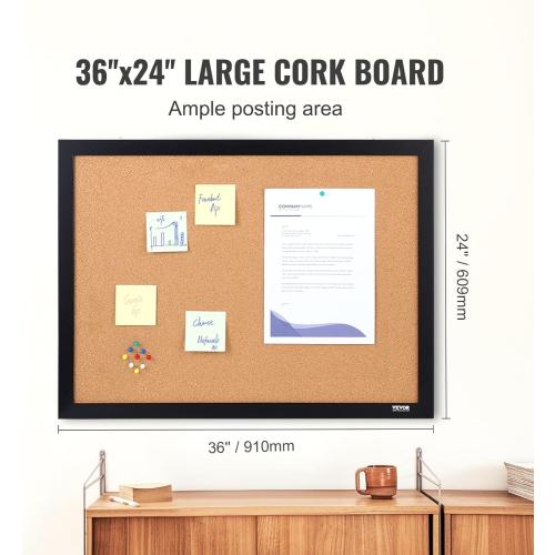 VEVOR Cork Board, Large Bulletin Board with Black MDF Frame, Wall Mounted Pin Board for Office, School and Home Decor, Hanging Message Board for Pictures and Notes, 10 Push Pins Included