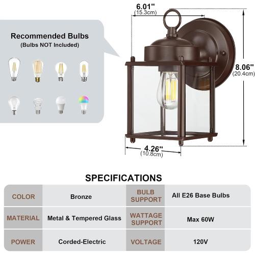 GRUENLICH Outdoor Wall Light Fixture, Clear Glass, Bronze, 2 Pack | Exterior Porch Light Wall Sconce Lantern for House, Patio, Garage, Anti-rust Metal, E26 Socket 60W Max