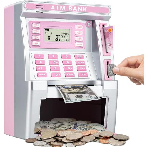 Pink Piggy Bank for Kids, ATM Machine Bank for Real Money with Debit Card, Bill Feeder, Coin Recognition, Balance Calculator, Electronic Savings Safe Box, Gifts for Teen Boy Girl