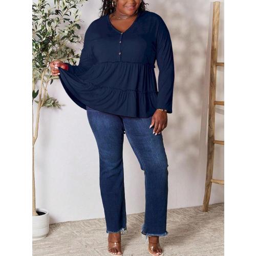 SIZE XLWomen's Casual Blouse Ruffle Layered Half Button Blouse Top Charcoal Lightweight Knit Fabric Long Sleeve Button-Front