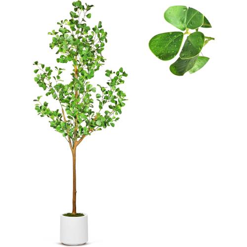 6 FT Artificial Heart Ficus Tree Indoor, Realistic Faux Plant with Dew Drops, Fake Tree with Pots for Home Office Decor
