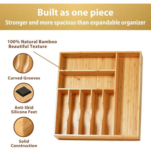 Umilife Large Kitchen Drawer Organizer, 19x20 Silverware Utensils Organizer, 2.5 High for Large Deep Drawers, Bamboo Flatware Holder with Thick Frames, Sturdy Kitchen Organization Tray