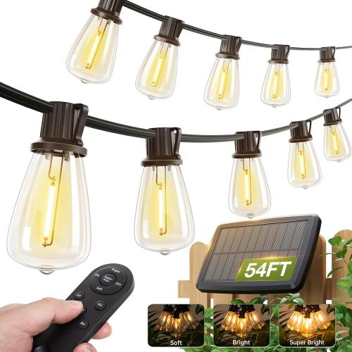 addlon Size  54(48 6) FT Solar String Lights Waterproof,Patio Lights Solar Powered with Remote & USB Port 15 1 LED Shatterproof Bulbs 3 Light Modes, Dimmable Solar Light for Camping Backyard Garden