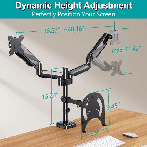 MOUNT PRO Monitor and Laptop Mount, Gas Spring Dual Monitor Arm Fit Two Max 27inch Computer Screens, Laptop Tray for Max 17 Inch Notebooks, 3-in-1 Laptop and Monitor Desk Mount