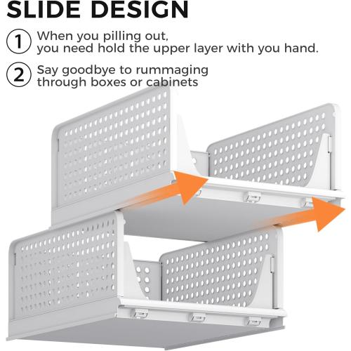 Pinkpum Stackable Plastic Storage Basket, Foldable Closet Organizers, Drawer Shelf Storage Container/Bins for Wardrobe Kitchen Bathroom Office Dorm, White, 4 Packs