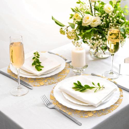 50 Pieces Gold Placemats, 13 Inch Disposable Round Foil Table Mats Bulk, Metallic Mesh Pressed Table Doilies Runners for Home Decor, Dining Table, Birthday Party, Wedding
