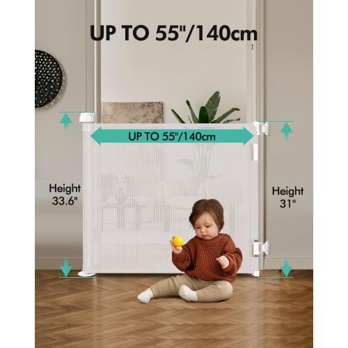 Retractable Baby Gates, Mesh Dog Gate for Doorways, 33.6 Tall, Expands to 55 Wide,Pet Safety Essential Fit for Baseboards, Wide Toddlers Gates for Hallways, Indoor & Outdoor,White