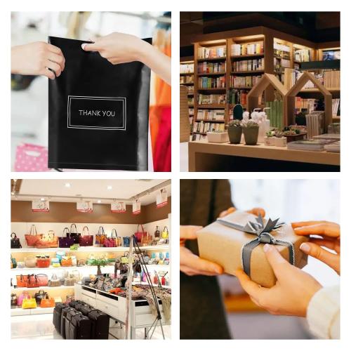 MelonArt Thank You Bags for Small Business, 200pcs Black Plastic Retail Bags Merchandise Bags with Handles Bulk Large Reusable Shopping Boutique Bags 8x12 and 12x15 for Stores Clothes Supplies(Black)