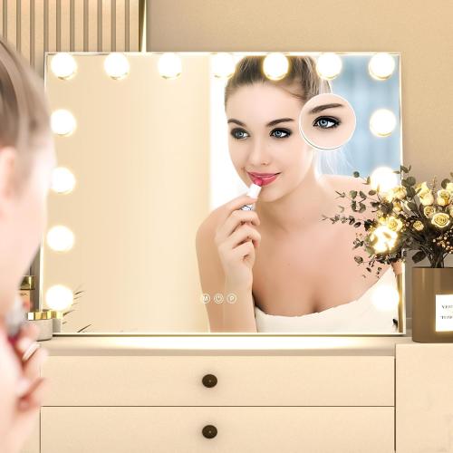 White 58x46 CASSILANDO Vanity Mirror with Lights,Hollywood Makeup Mirror, Large Vanity Lighted Mirror with 15 LED Bulbs, 3 Color Lighting Modes,58 * 46cm