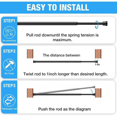 Tension Curtain Rod 28-48 Inch 2 Pack Black Adjustable Spring Curtain Rod