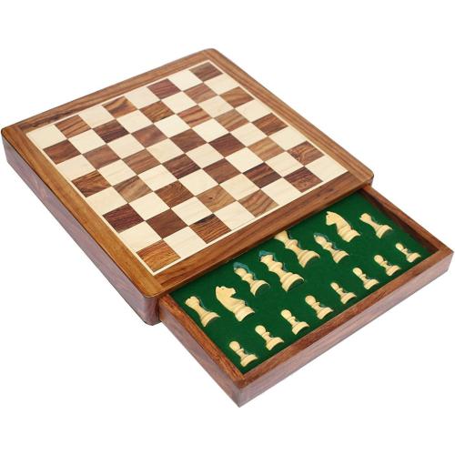Wooden Chess Board Game Set with Magnetic Pieces (12 x 12 Non-Folding with Drawer)