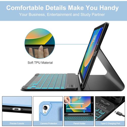 BORIYUAN iPad 9th 2021/8th/7th Generation Keyboard Case, Detachable Bluetooth Keyboard with 7 Colors Backlit, Slim Folio Cover with Pencil Holder for iPad 10.2/iPad Air 3rd Gen/iPad Pro 10.5 Blue