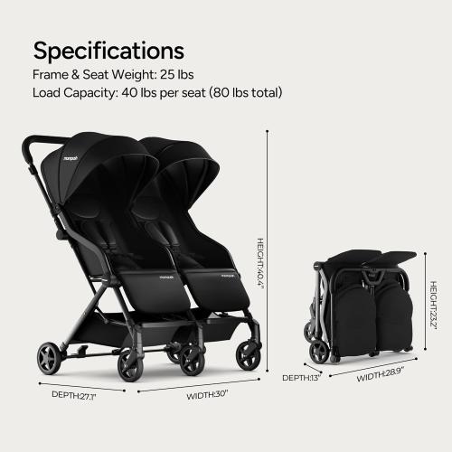 Mompush Lithe Double Stroller for Infant and Toddler, Lightweight Side by Side Twin Stroller, Only 25 lbs, 30-Inch Slim Fit Through Doorways, One-Step Fold, Independent Recline, UPF 50  Canopy