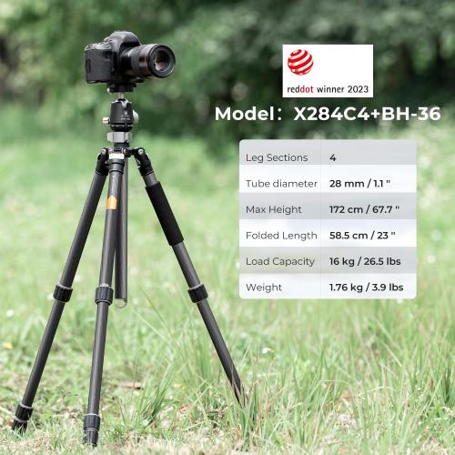K&F CONCEPT X-Series 68 Carbon Fiber Camera Tripod,Professional Photography Tripod with 36mm Metal Ball Head Load Capacity 35.2lbs for Indoor Outdoor Use X284C4 BH-36