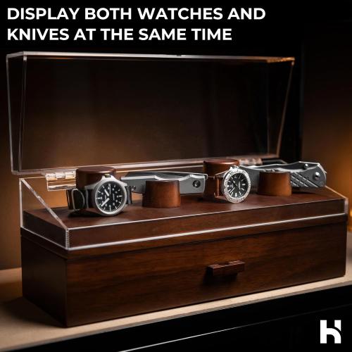 Watch & Pocket Knife Display Case – Switch Up Your Display with The Modular Pillars – Knife Case for Men with Hinged Acrylic Cover and Felt Lined Drawer – The Combo Deck for Men