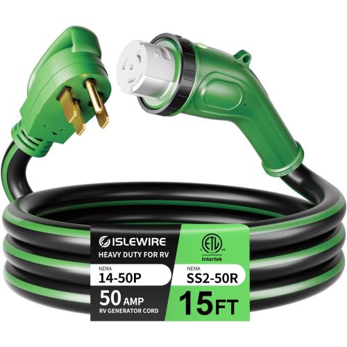 50 Amp 15 Feet RV Power Cord, Heavy Duty 6/3   8/1 Gauge STW 50A Generator Cord, NEMA 14-50P to SS2-50R LED Power Indicator Twist Lock for RV Trailer Camper and Generator to House, ETL Listed